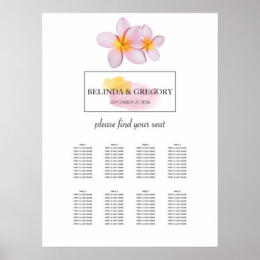 Tropische petera Frangipani Wedding Seating Chart Poster (Voorkant)