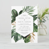 Tropische Philodendron Palm Leaves Modern Wedding Kaart (Staand voorkant)
