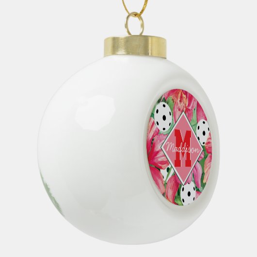 🌺 Tropische pickleball met hibiscus, met naam Keramische Bal Ornament (Links)