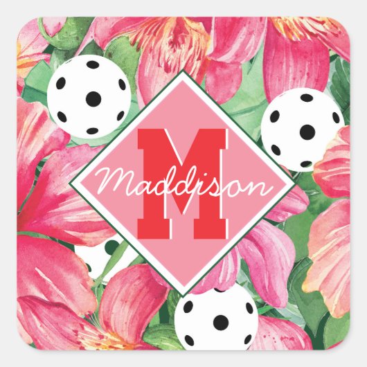🌺 Tropische pickleball met hibiscus, met naam Vierkante Sticker (Voorkant)