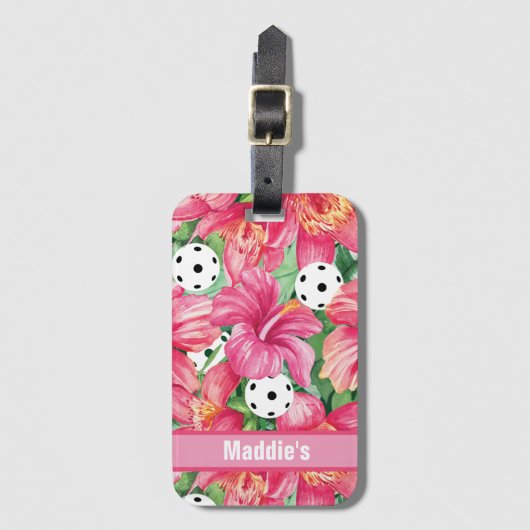 🌺 Tropische pickleball met hibiscus, met tekst Bagagelabel (Voorkant (verticaal))