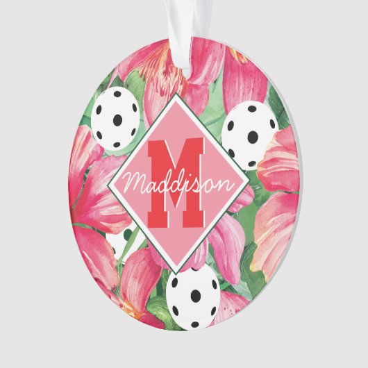 🌺 Tropische pickleball met hibiscus, met tekst Ornament (voorkant)