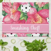 🌺 Tropische pickleball met hibiscus, met tekst Theedoek (Gevouwen)