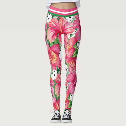 🌺 Tropische pickleball met kleine hibiscus-afdruk Leggings (Voorkant)