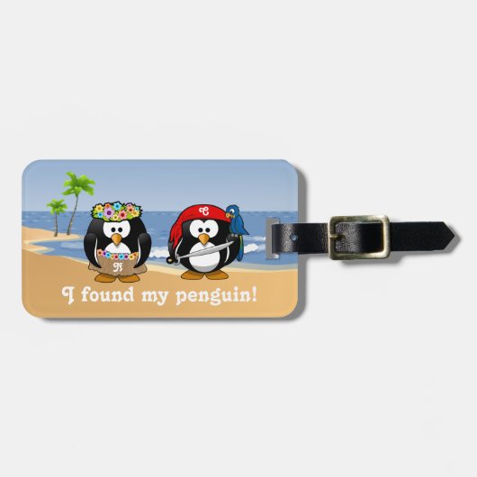 Tropische pinguïns Couple Hula Pirate Island Beach Bagagelabel (Voorkant horizontaal)