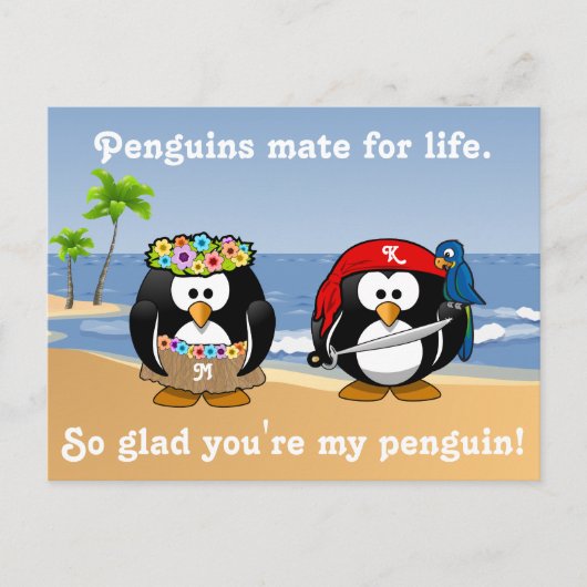 Tropische pinguïns Couple Hula Pirate Island Beach Briefkaart (Voorkant)