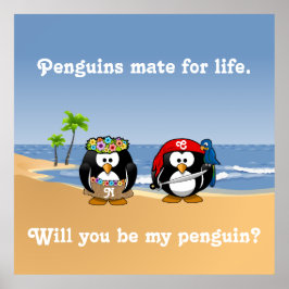 Tropische pinguïns Couple Hula Pirate Island Beach Poster