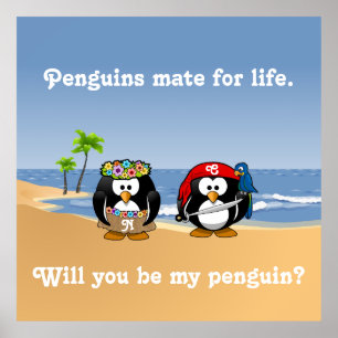 Tropische pinguïns Couple Hula Pirate Island Beach Poster
