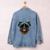Tropische Pirate schedel Hibiscus Bloemen Denim Jacket (Hangar)