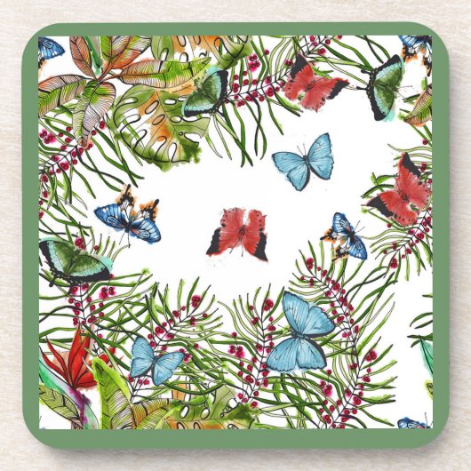 Tropische Planten Butterflies Berries Red Blue Bier Onderzetter (Voorkant)