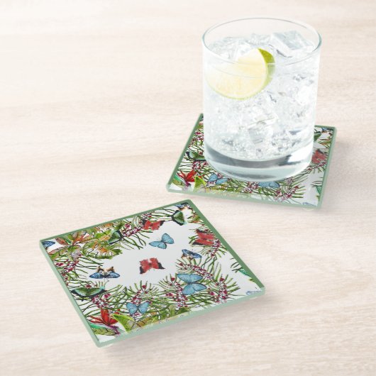 Tropische Planten Butterflies Berries Red Blue Glazen Onderzetter (Schuin)