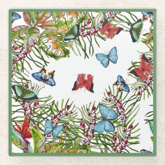 Tropische Planten Butterflies Berries Red Blue Glazen Onderzetter (Voorkant)