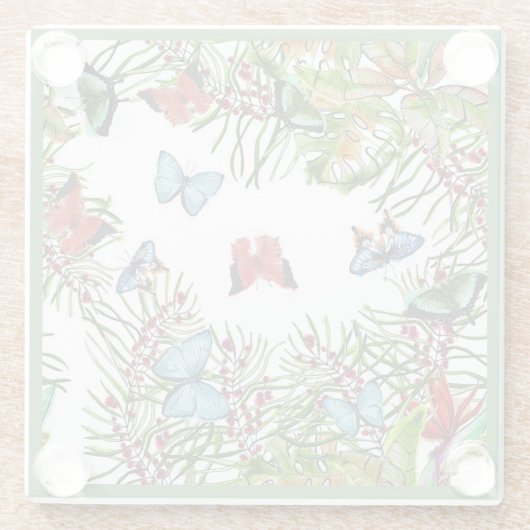 Tropische Planten Butterflies Berries Red Blue Glazen Onderzetter (Achterkant)