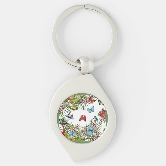 Tropische Planten Butterflies Berries Red Blue Sleutelhanger (Voorkant)