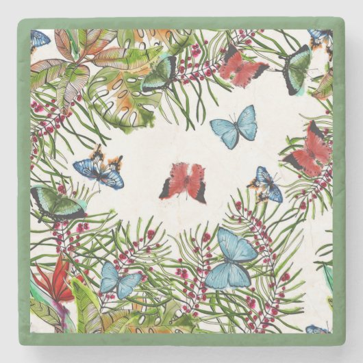 Tropische Planten Butterflies Berries Red Blue Stenen Onderzetter (Voorkant)