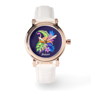 Tropische Planten en Flamingo gepersonaliseerd Horloge