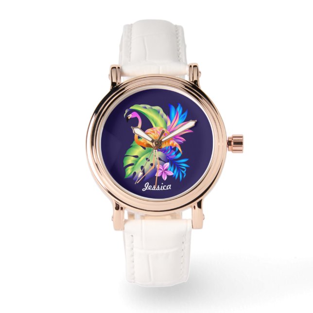 Tropische Planten en Flamingo gepersonaliseerd Horloge (Voorkant)