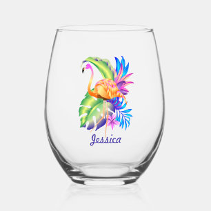 Tropische Planten en Flamingo gepersonaliseerd Wijnglas Zonder Voet