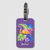 Tropische Planten en Flamingo Paarse Gepersonalise Bagagelabel (Voorkant (verticaal))