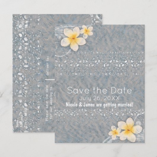 Tropische Plumeria Bloem Grijs Geel Save the Date Aankondigingskaart (Voorkant / Achterkant)