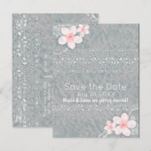 Tropische Plumeria Bloem Grijs Roze Save the Date Aankondigingskaart (Voorkant / Achterkant)