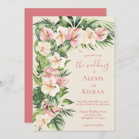 Tropische Plumeria & Flamingo Lily Lijst Uitnodigi Kaart (Voorkant / Achterkant)
