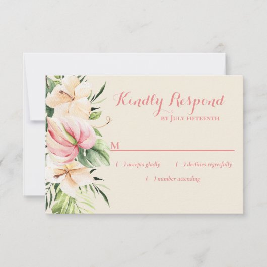Tropische Plumeria & Flamingo Lily RSVP (Voorkant)
