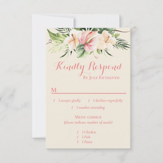 Tropische Plumeria & Flamingo Lily RSVP met menu C (Voorkant)