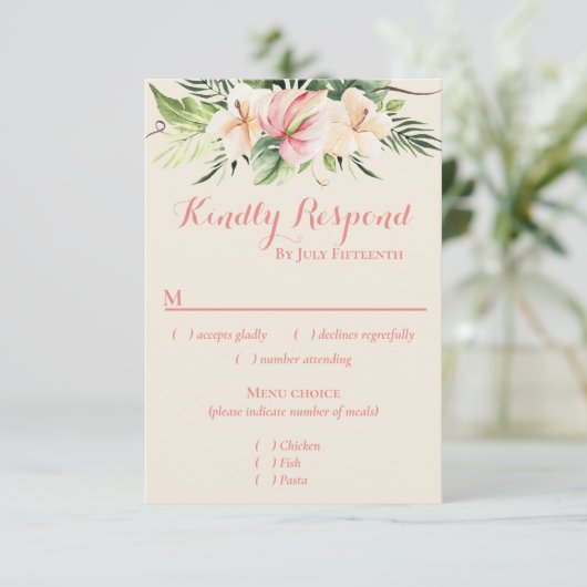 Tropische Plumeria & Flamingo Lily RSVP met menu C (Staand voorkant)