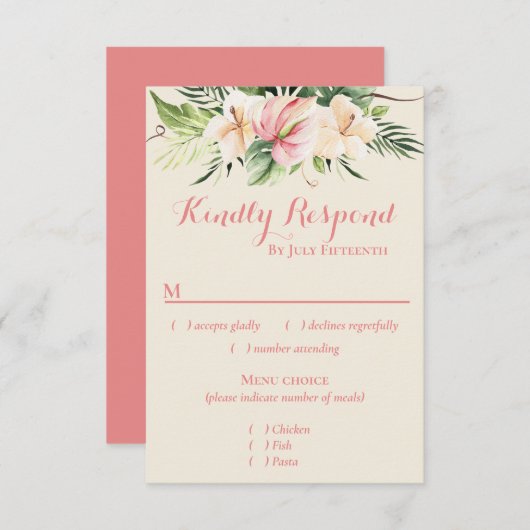 Tropische Plumeria & Flamingo Lily RSVP met menu C (Voorkant / Achterkant)