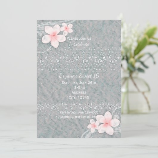 Tropische Plumeria Flower Gray Pink Summer Party Kaart (Staand voorkant)