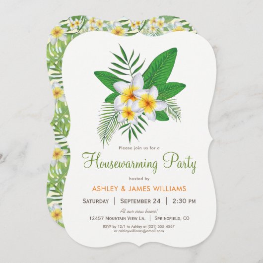 Tropische Plumeria Housewarming Party Uitnodiging (Voorkant / Achterkant)