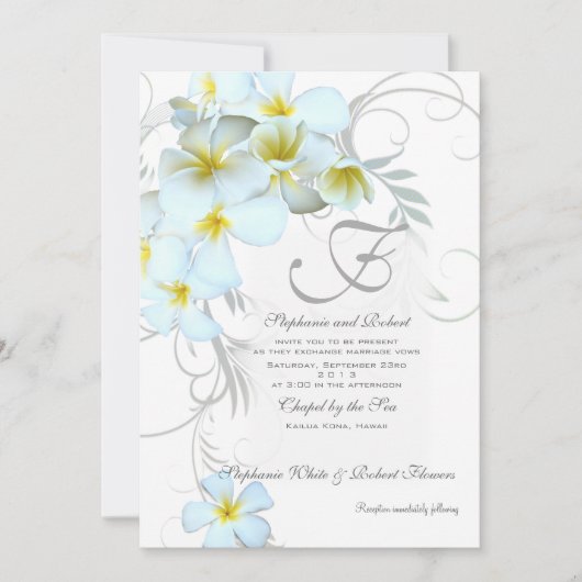 Tropische Plumeria Monogram Wedding Invitaties Kaart (Voorkant)