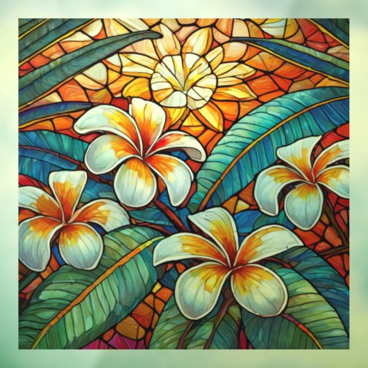 Tropische plumeria op oranje Glazen in lood kunst Raamsticker (Vel 3)