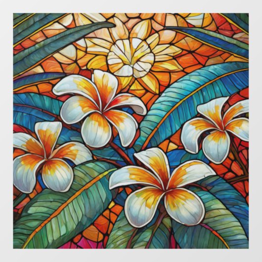 Tropische plumeria op oranje Glazen in lood kunst Raamsticker (Vel)