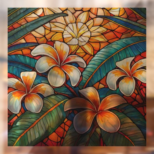 Tropische plumeria op oranje Glazen in lood kunst Raamsticker (Vel 2)