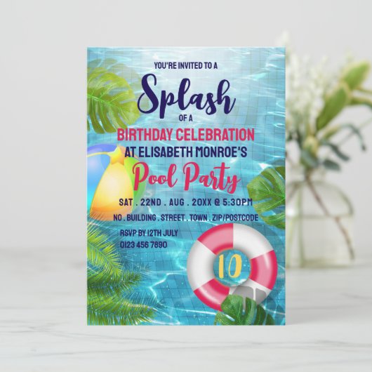 Tropische Pool Beach Ball, Verjaardag Pool Party Kaart (Staand voorkant)