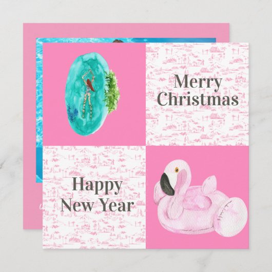 Tropische pool Flamingo Floatie Toile Kerstmis Notitiekaartje (Voorkant / Achterkant)