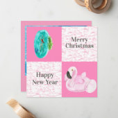 Tropische pool Flamingo Floatie Toile Kerstmis Notitiekaartje (Voorkant / Achterkant in situ)