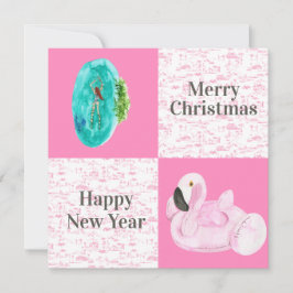 Tropische pool Flamingo Floatie Toile Kerstmis Notitiekaartje