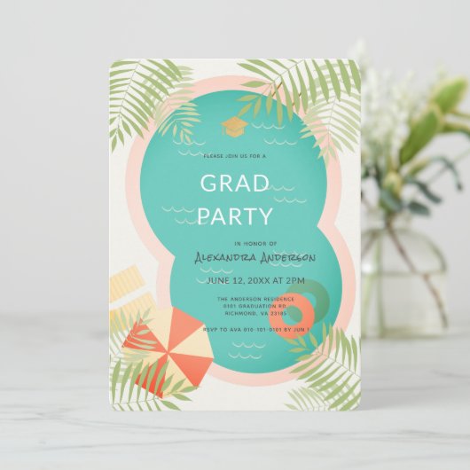 Tropische Pool Graduation Party Uitnodiging (Staand voorkant)