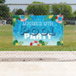 Tropische pool | Kinderen van Birthday Spandoek<br><div class="desc">Heeft je kind een Pool Party? Kijk dan eens naar deze coole zomerpoolfeestbanner met helder blauw water,  opblaasbare,  tropische bladeren,  gele bloemen en een trendy verjaardagsbanner die gemakkelijk gepersonaliseerd kan worden.</div>