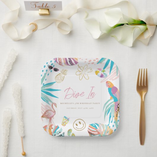 Tropische Pool Party Meisje Verjaardag Papieren Bordje (Huwelijk)