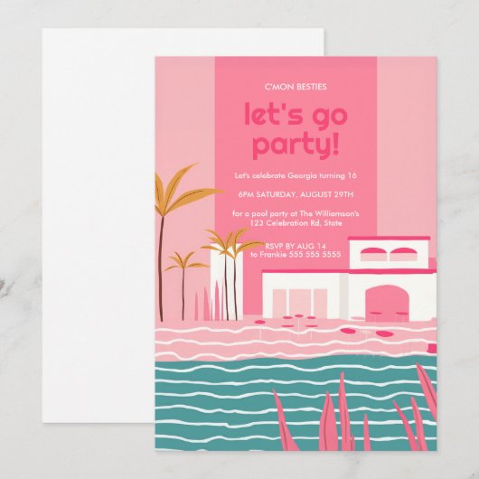 Tropische Pool Party Retro Roze Verjaardag Kaart (Voorkant / Achterkant)