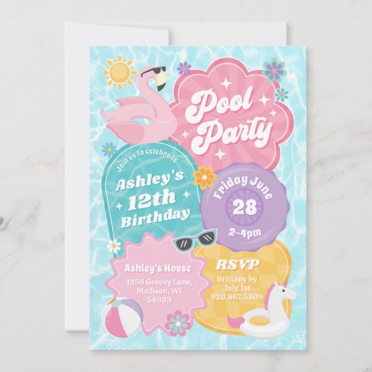 Tropische Pool Party Retro Zomerverjaardagsfeest Kaart (Voorkant)