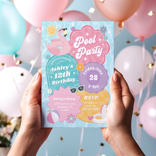 Tropische Pool Party Retro Zomerverjaardagsfeest Kaart