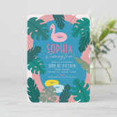 Tropische Pool Party Roze Meisje Verjaardag Kaart (Staand voorkant)