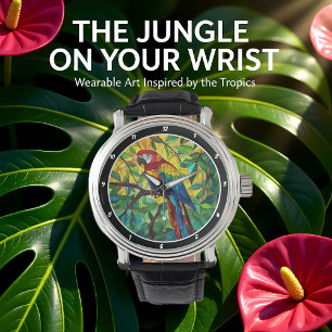 Tropische Pracht" - Glas-in-lood Ara Horloge