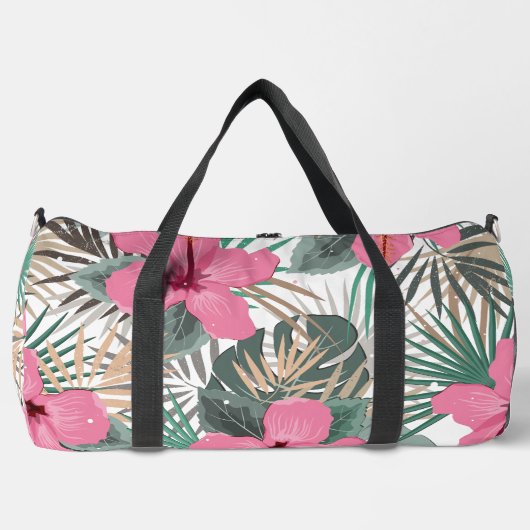 Tropische Print Roze Hibiscus Groot Plunjezak (Voorkant)