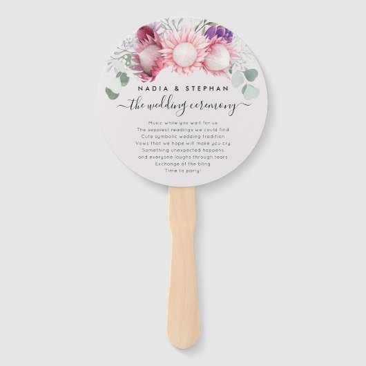 Tropische Protea en Eucalyptus Trouwprogramma Handwaaier (Voorkant)